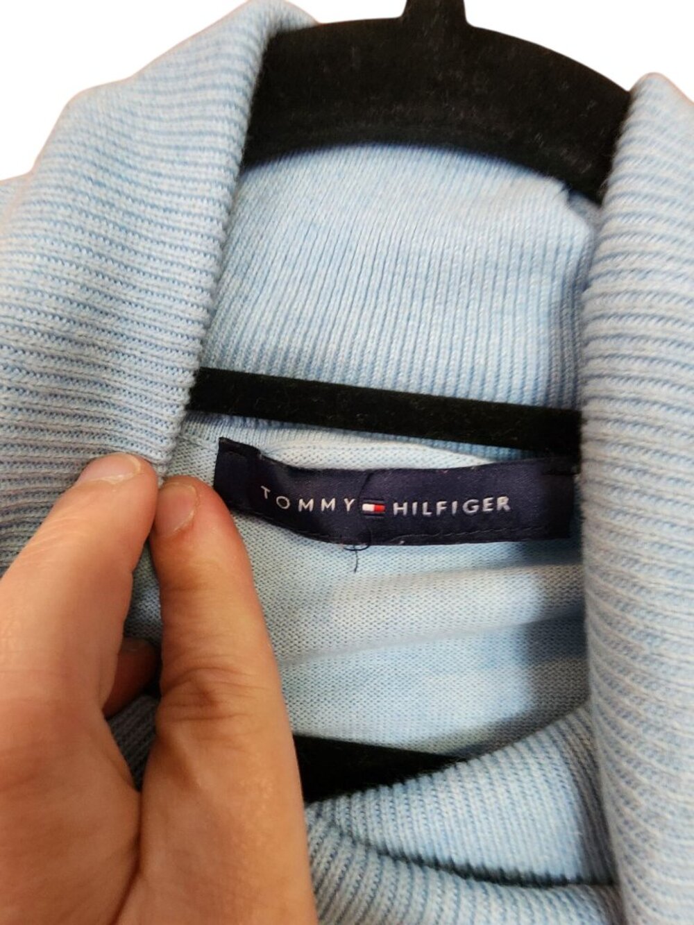 Tommy Hilfiger Light Blue Turtleneck Sweater With Logo Embroidery & Button Cuff - Picture 4 of 4